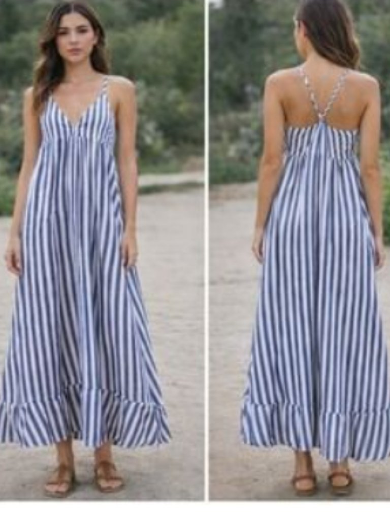 Antibes Blanc 100% Linen Striped Maxi Dress Flounce Hem Cross-Back Straps Size 4